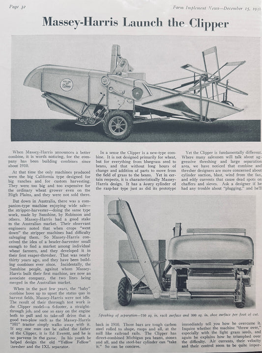 1938 Massey-Harris Launch of the Clipper - Partial Article - 2 pictures N605