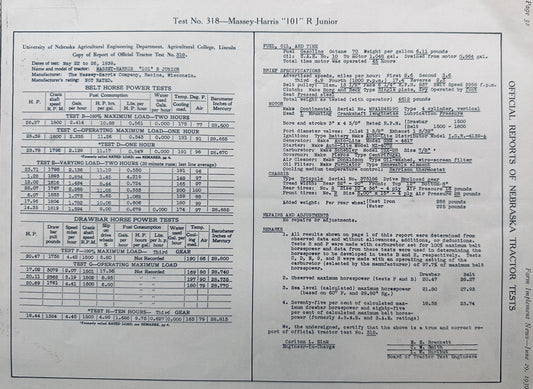 1939 Massey-Harris Nebraska Test Report For Model 101 R Junior Tractor #318 N604