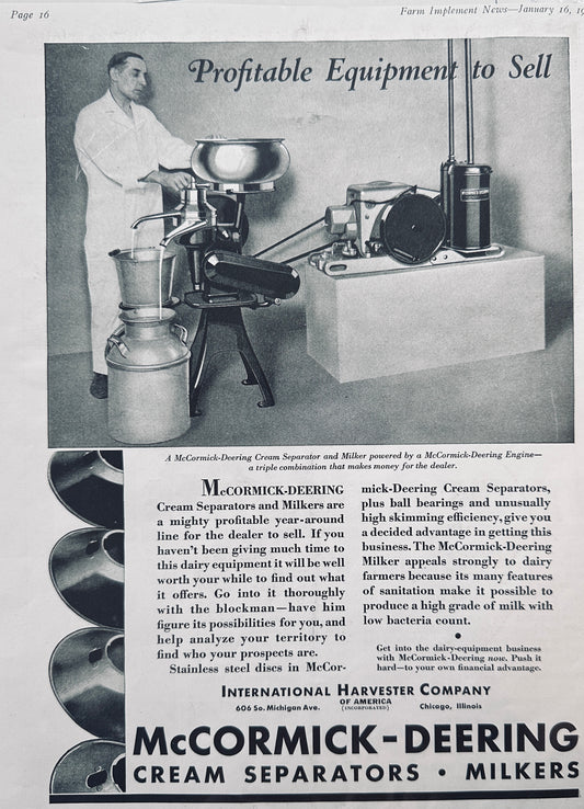 1936 McCormick-Deering Cream Separator-Milker-Engine Combo Vintage Ad N624