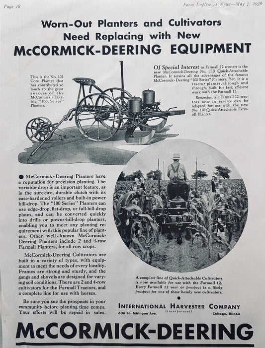 1936 McCormick-Deering Farmall 12 & No. 102 Corn Planter Vintage Ad N622