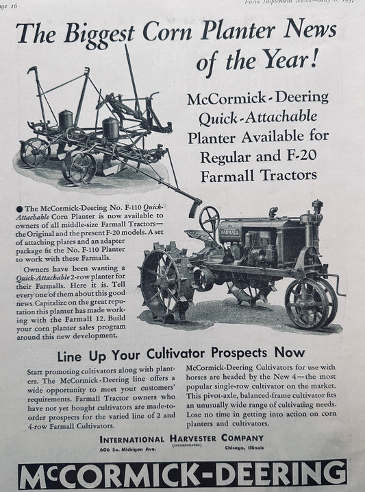 1937 McCormick-Deering # F-110 Corn Planter For Farmall 20 Vintage Ad N621