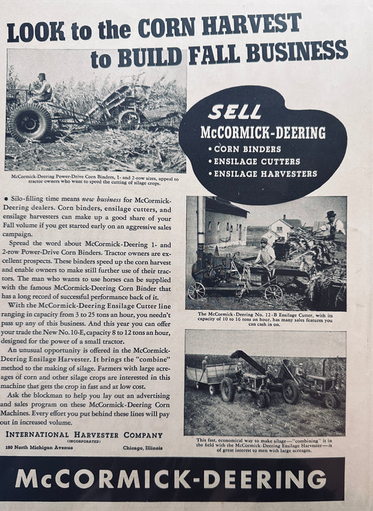 1938 McCormick-Deering Corn Harvest Farm Implements Vintage Ad N619