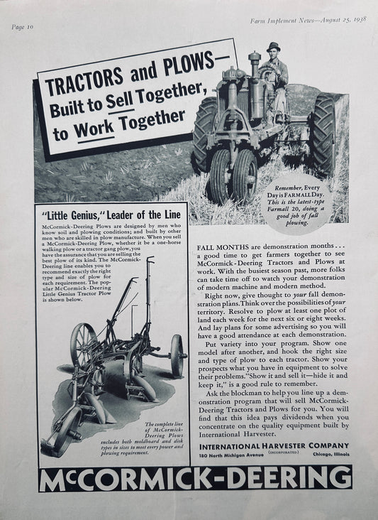 1938 McCormick Deering Farmall  20 & Little Genius Plow #5019