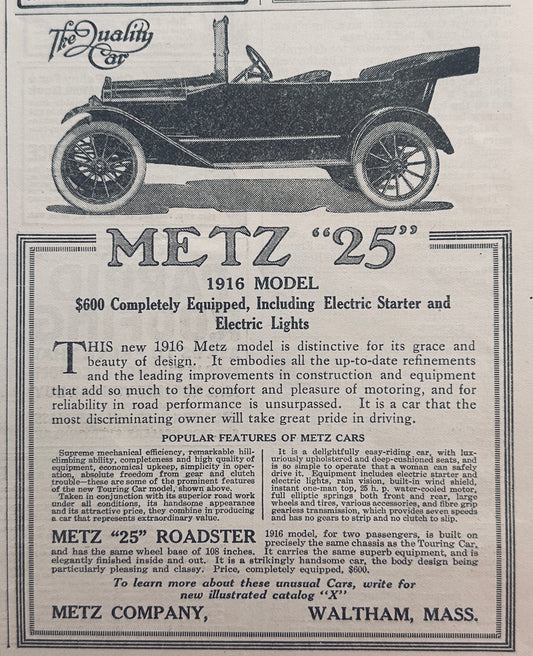 1915 Metz "25" Motorcar Waltham, Mass Vintage Ad Ad #A336