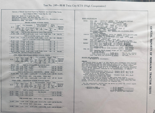 1936 UoN Test report #249 M-M Twin City Tractor KTA N666