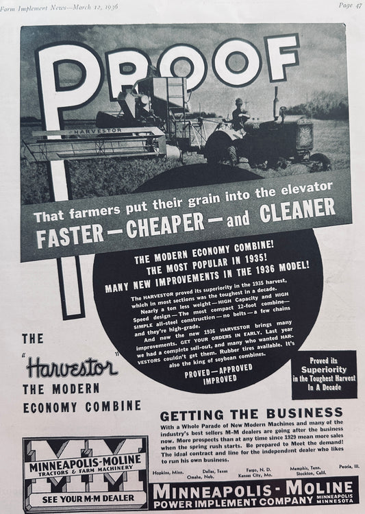1936 Minneapolis-Moline "Harvester" Combine & Lincoln Tractor Grease Gun Ads N665