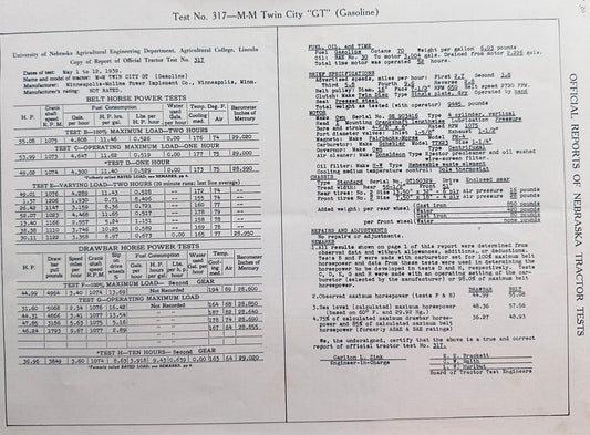 1939 Nebraska Tractor Test Report #317 Minneapolis-Moline Twin City "GT" N661