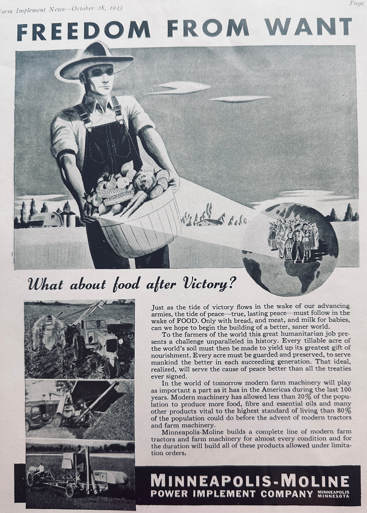 1943 Minneapolis-Moline WWII Service Ad - Freedom From Want N659