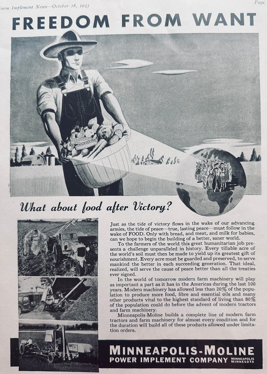 1943 Minneapolis-Moline WWII Service Ad - Freedom From Want N659