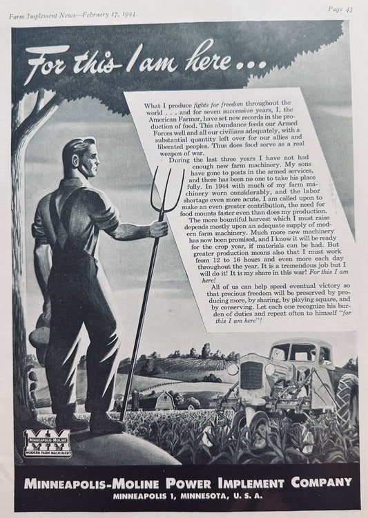 1944 Minneapolis-Moline Patriotic WWII era PSA Ad For This I Am Here! N658