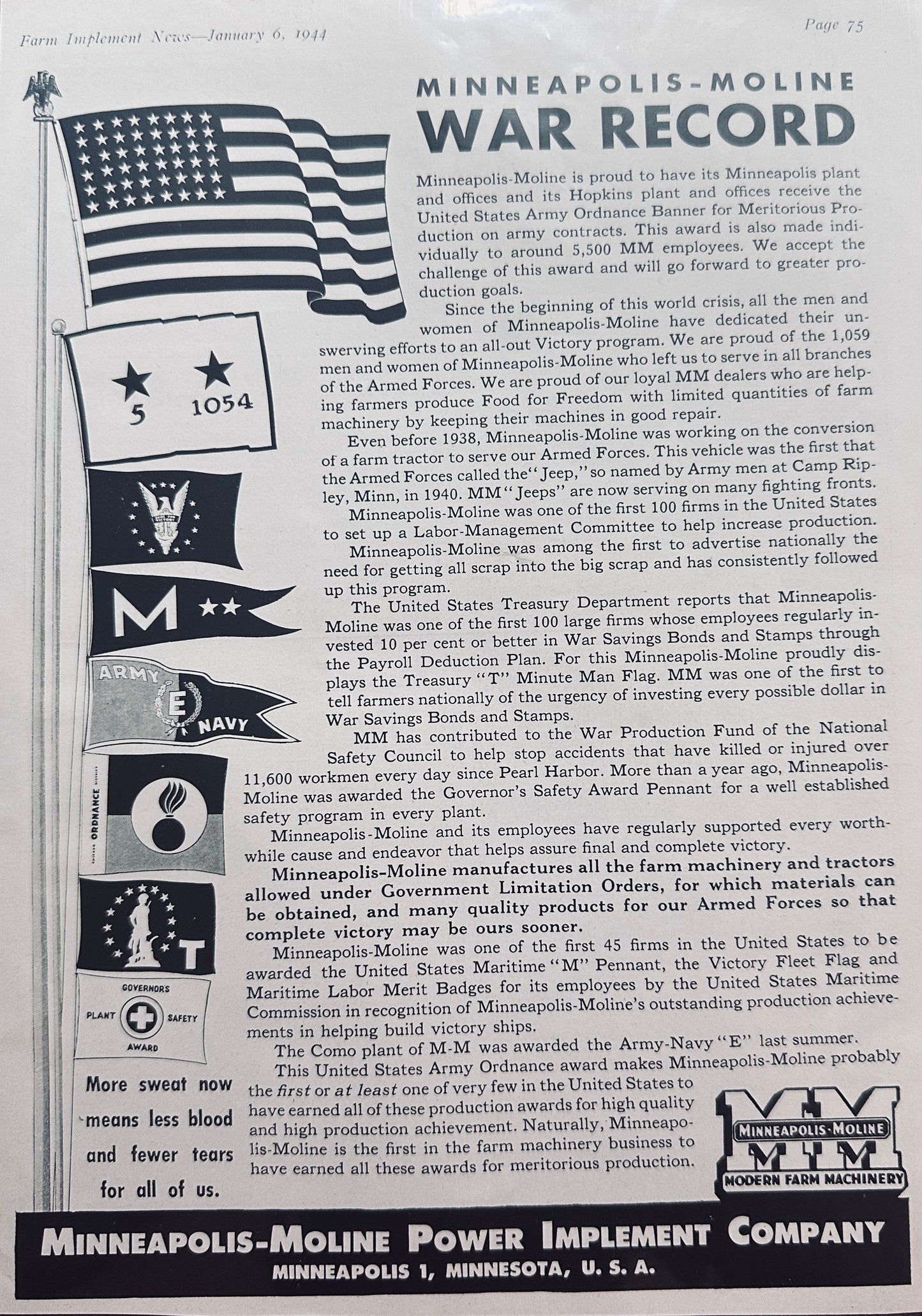1944 Minneapolis-Moline Receives Award from US Army For Wartime Efforts N657