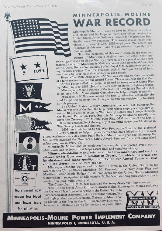 1944 Minneapolis-Moline Receives Award from US Army For Wartime Efforts N657