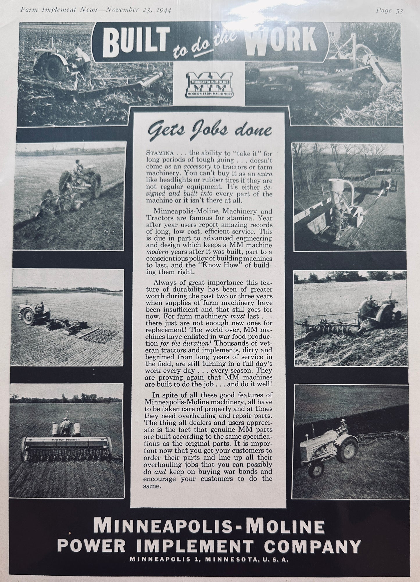 1944 Minneapolis-Moline Power Implement Company Vintage Ad N656