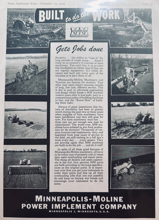 1944 Minneapolis-Moline Power Implement Company Vintage Ad N656