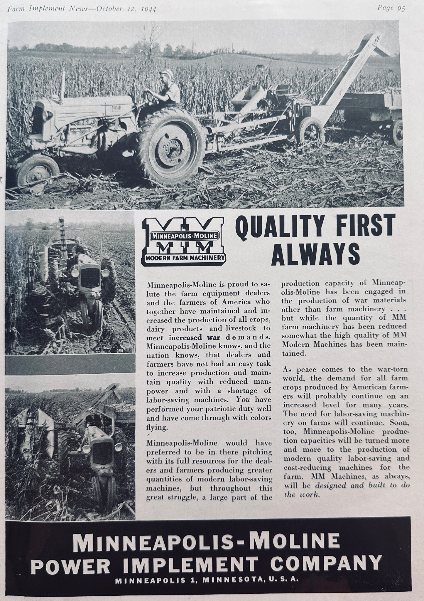 1944 Minneapolis-Moline Promotional WWII era Thank-you to Farmers N655