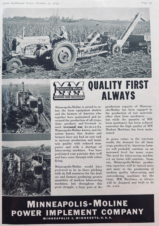 1944 Minneapolis-Moline Promotional WWII era Thank-you to Farmers N655