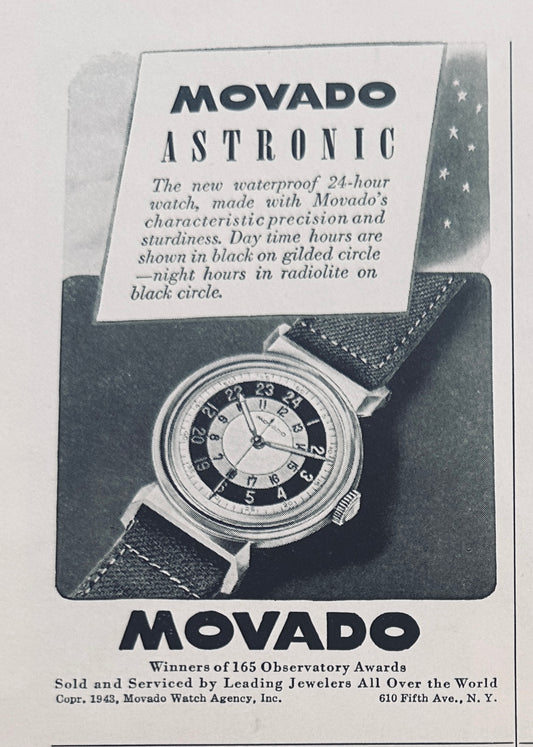 1943 Movado Astronic wristwatch Vintage Ad N681