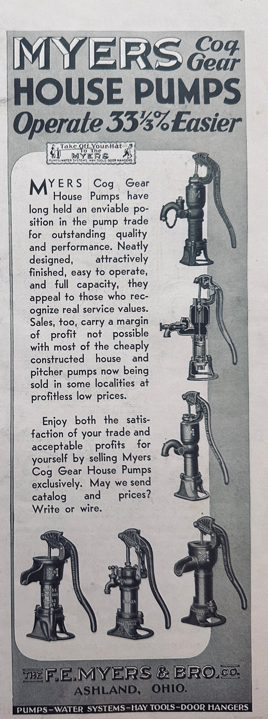 1936 Myers Cog Gear House Pumps - 6 Models Shown - Ashland Oh N698