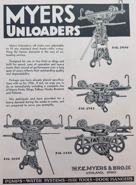 1936 Myers Unloaders - 4 Styles Shown - All Adjustable to Fit Any Track N697