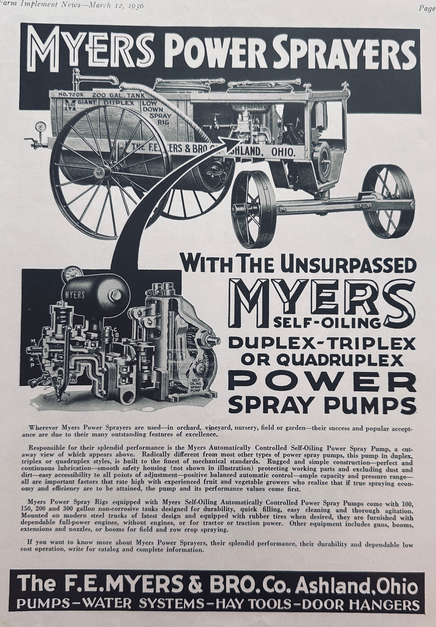1936 Myers Power Sprayers Duplex-Triplex or Quadruplex Models #5203