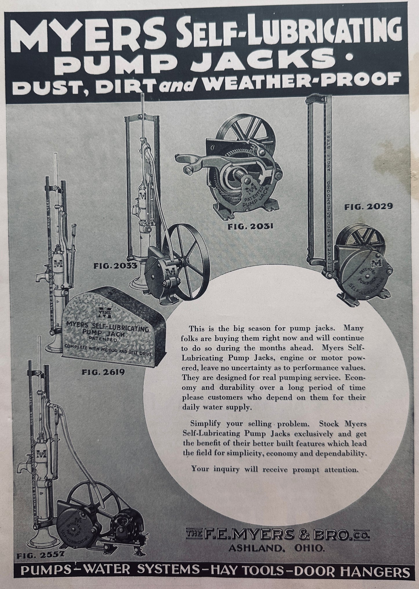 1937 Myers Self-Lubricating Pump Jacks, Dust, Dirt & Weatherproof