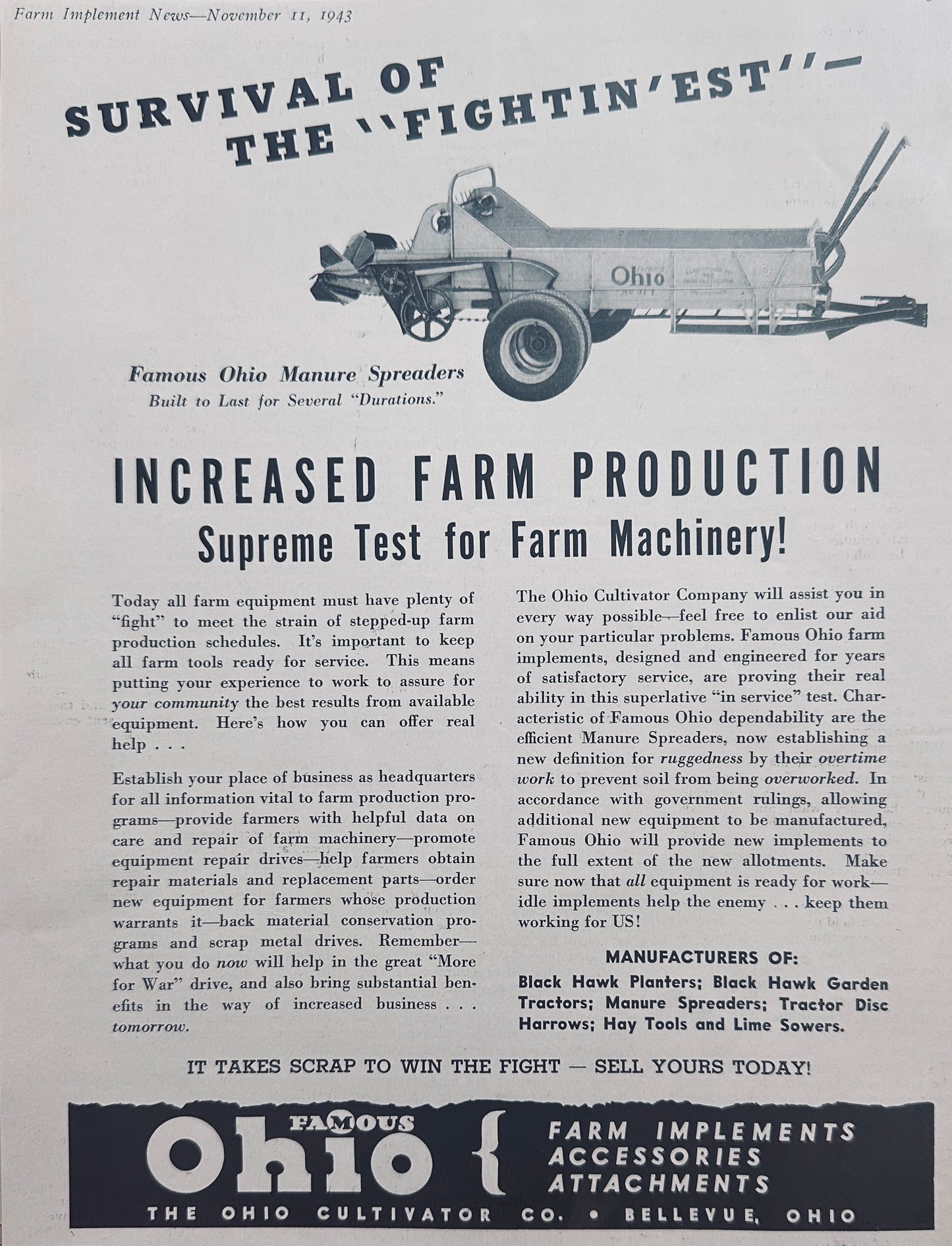 1943 Ohio Cultivator Co Famous Ohio Manure Spreaders Vintage Ad N736