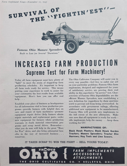 1943 Ohio Cultivator Co Famous Ohio Manure Spreaders Vintage Ad N736