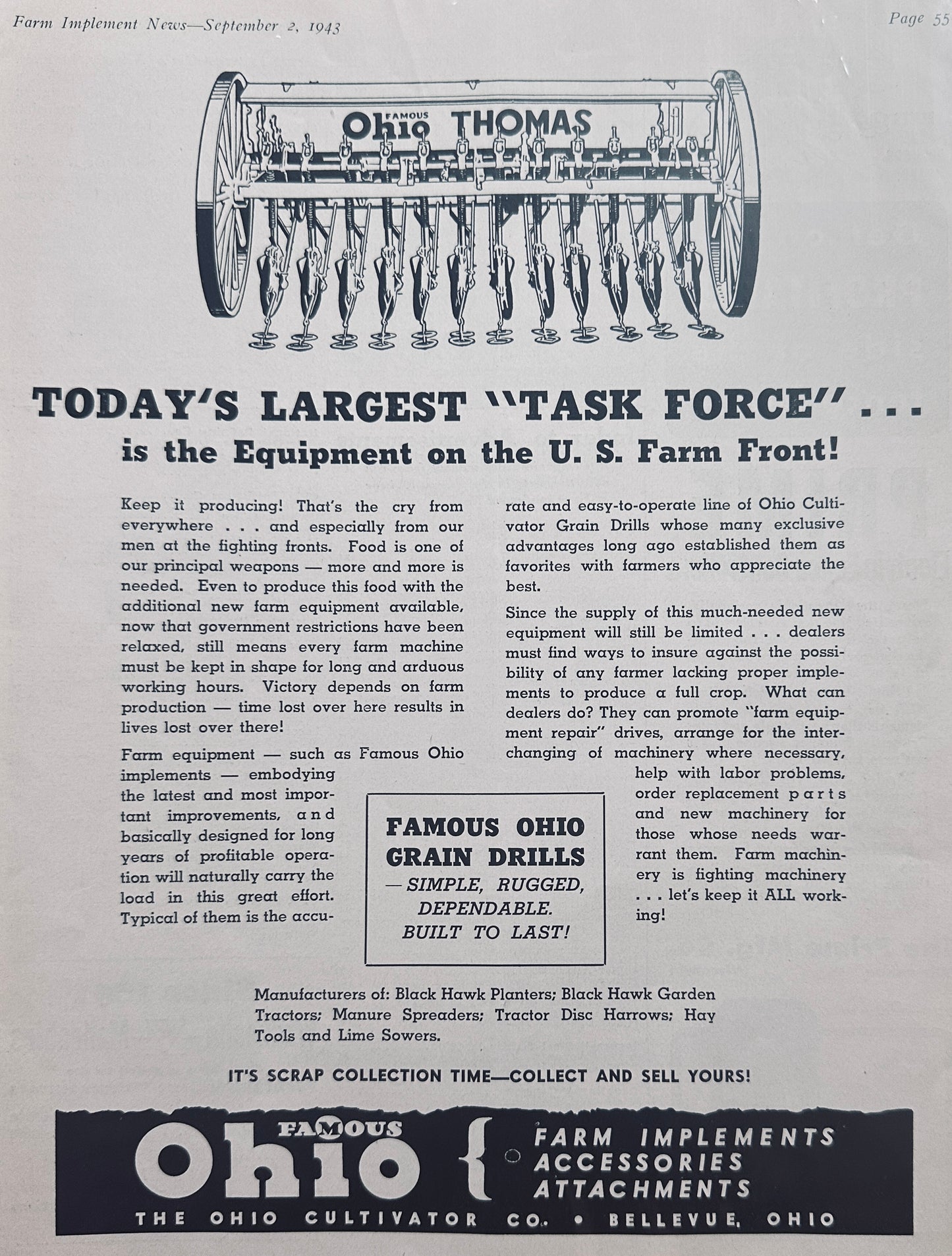 1943 WWII Ohio Cultivator Co Grain Drills - Bellevue, OH Vintage Ad N737