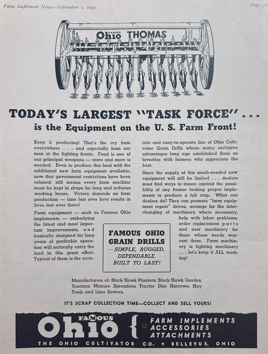 1943 WWII Ohio Cultivator Co Grain Drills - Bellevue, OH Vintage Ad N737