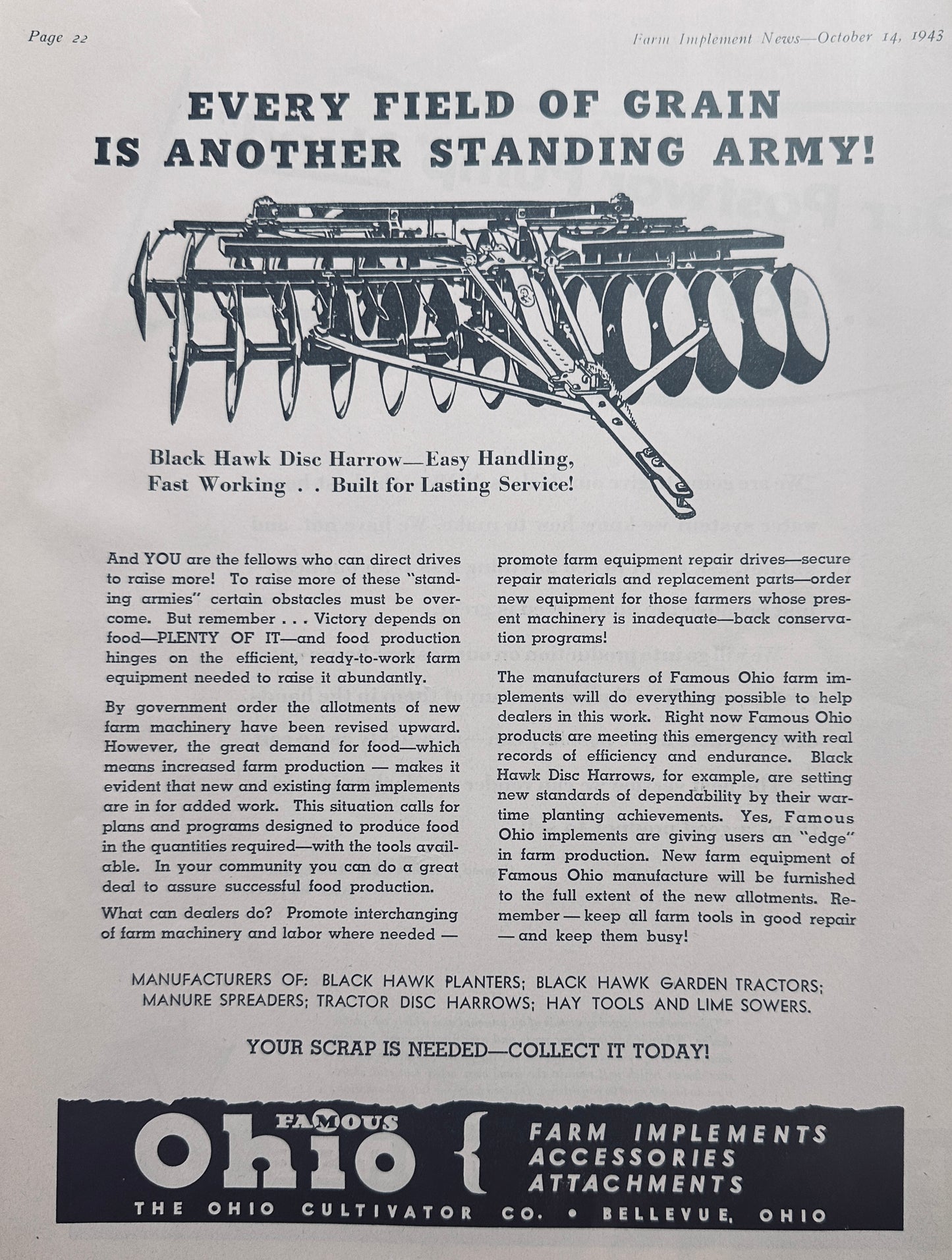 1943 The Ohio Cultivator Co Black Hawk Disc Harrow Bellevue, OH N738