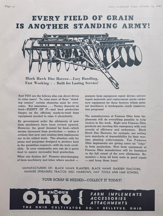 1943 The Ohio Cultivator Co Black Hawk Disc Harrow Bellevue, OH N738
