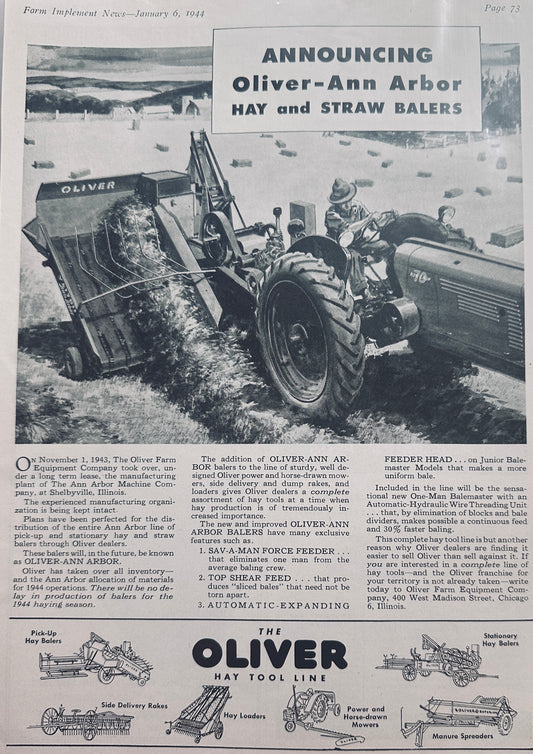 1944 WWII Annoucing Oliver-Ann Arbor Hay & Straw Balers Vintage Ad N740