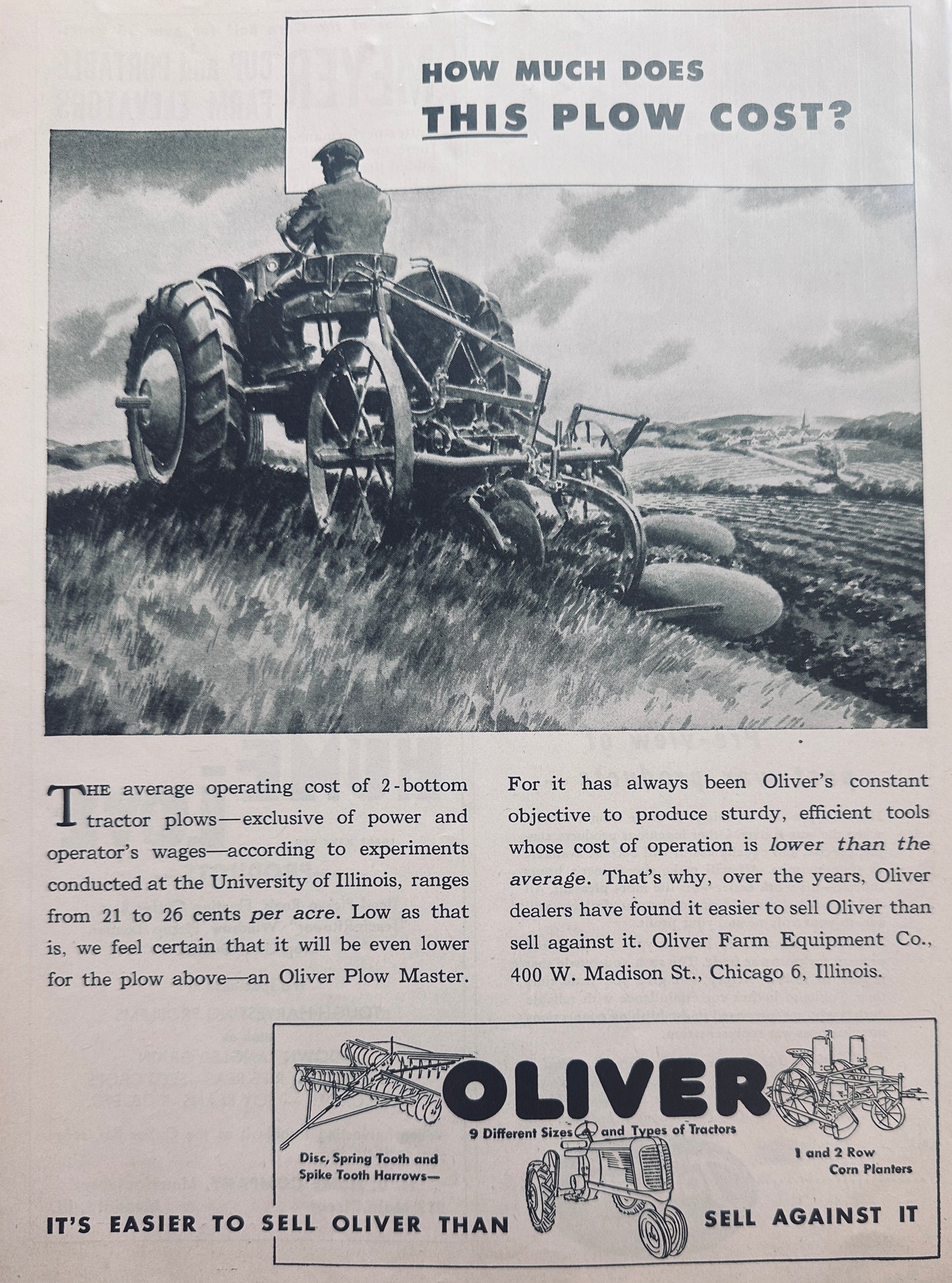 1944 WWII Era Oliver Plow Master Operational Cost Vintage Ad N741