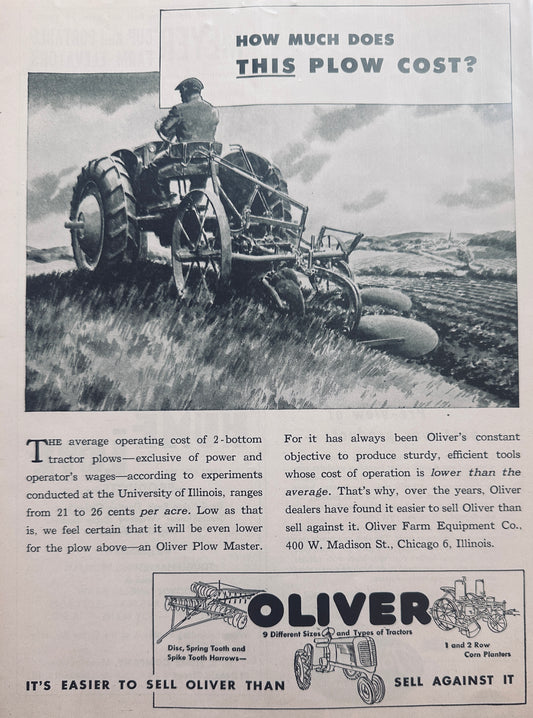 1944 WWII Era Oliver Plow Master Operational Cost Vintage Ad N741