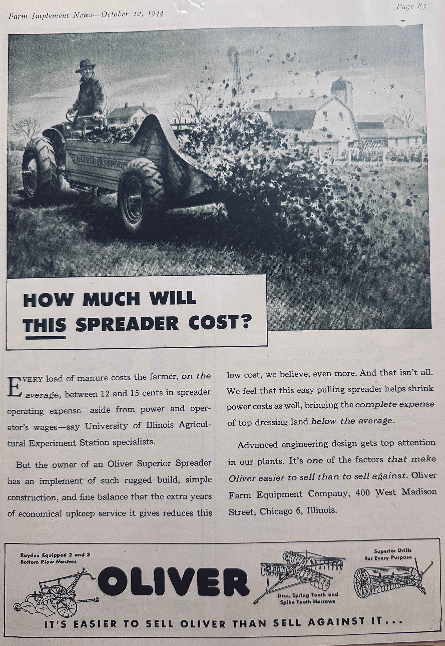 1944 Oliver Superior Spreader WWII Era Ad How Much Will This Spreader Cost? N742