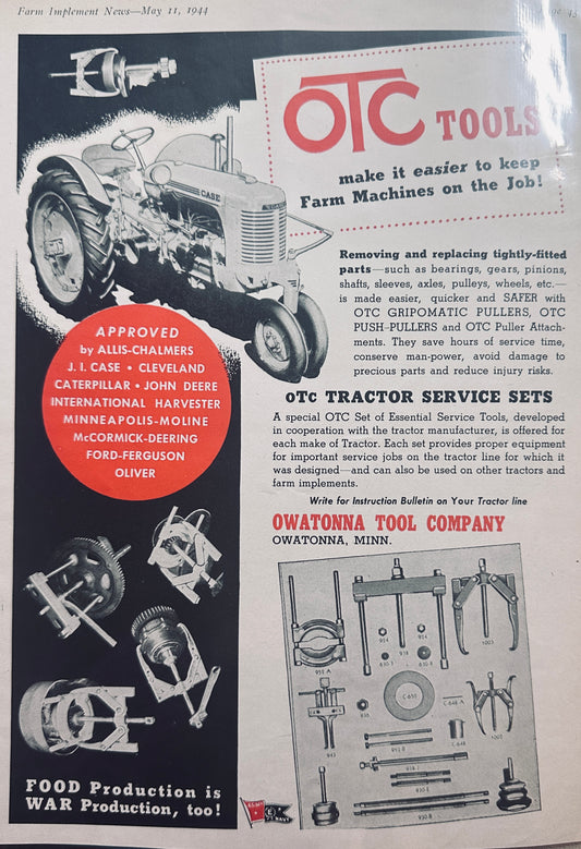 1944 OTC Tools Owatonna Tool Co - Owatonna, MN WWII Era Ad - Case Tractor N751