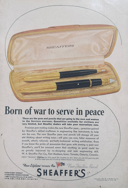 1945 Sheaffer's Crest Triumph Pen Set - Born of War to Serve in Peace N844
