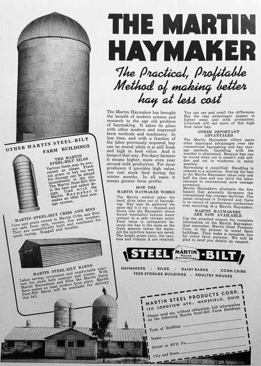 1947 Martin Haymaker Steel-Bilt Silos Cribs & Bins, & Barns Vintage Ad #1678