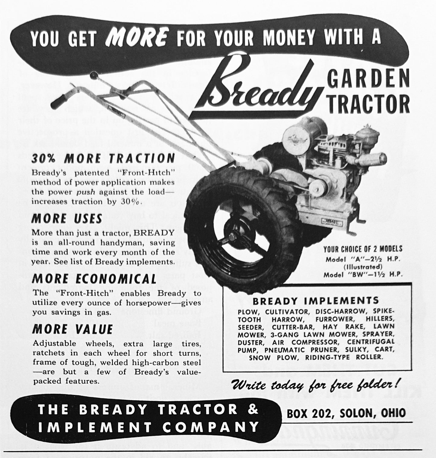 1948 Bready Garden Tractor - Solon, OH Vintage Ad #1689
