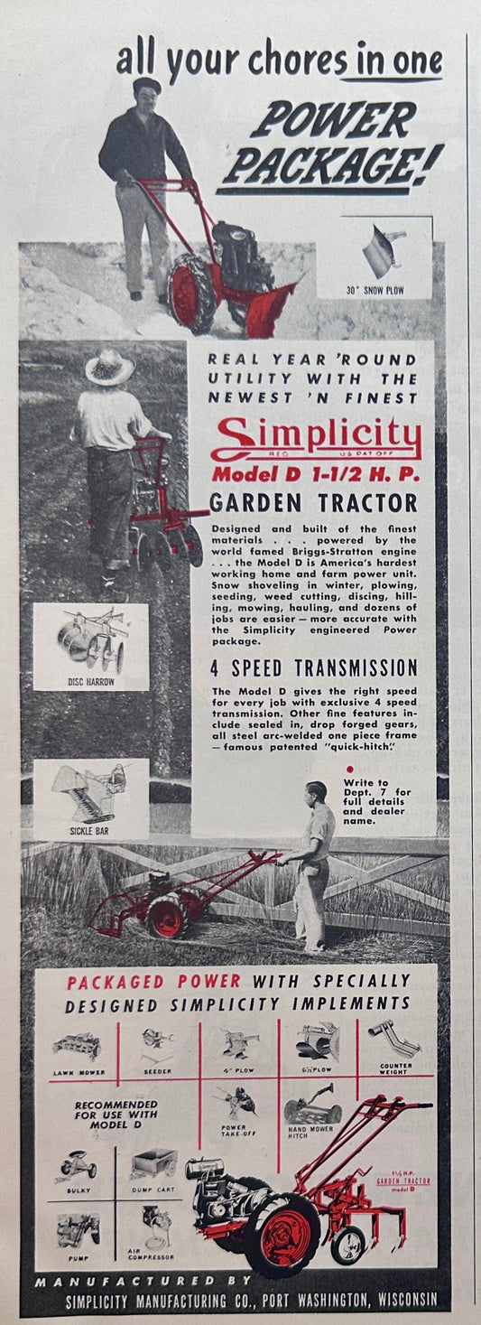 1948 Simplicity Model D 1.5HP Garden Tractor All-In-One Tool Ad #1686