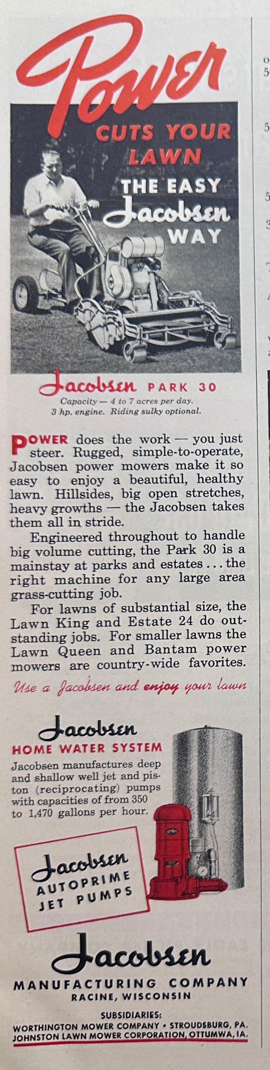 1948 Jacobsen Park 30 Riding Power Mower Vintage Ad #1685