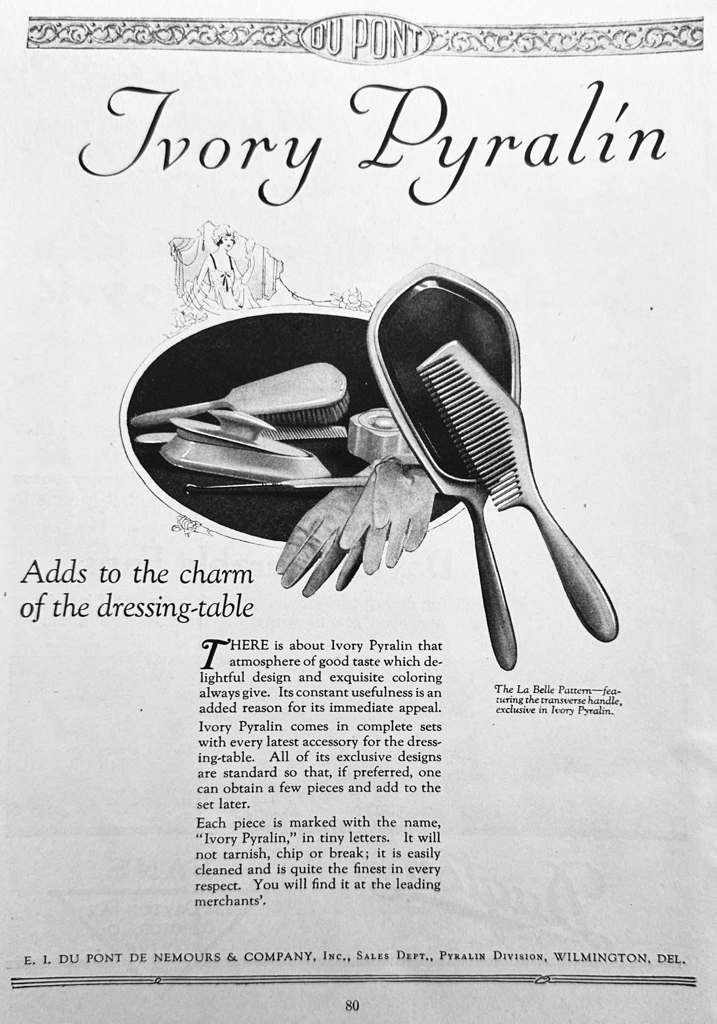 1920 DuPont Ivory Pyralin (Celluloid) Vanity Set - La Belle Pattern Ad #N1238