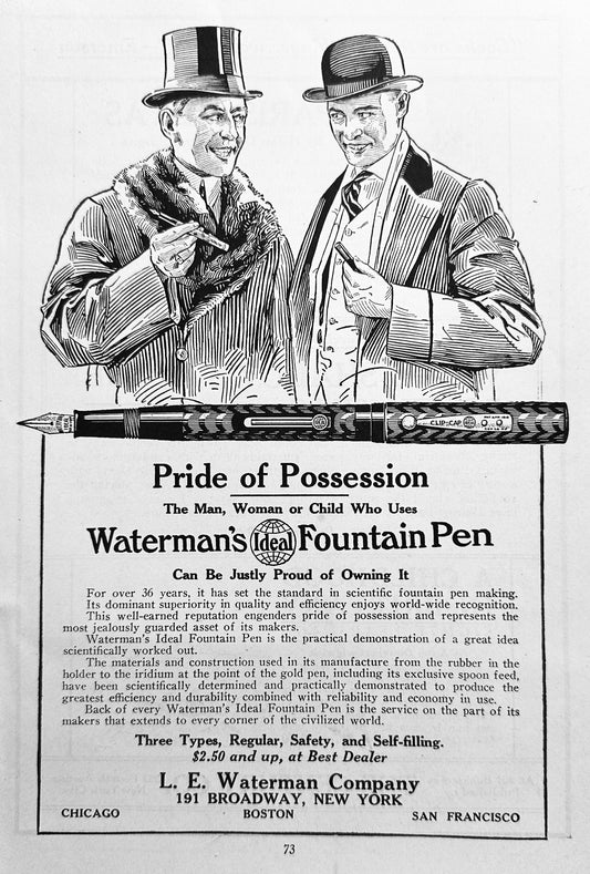 1920 Waterman's Fountain Pen - Pride of Possession Vintage Ad #N1236
