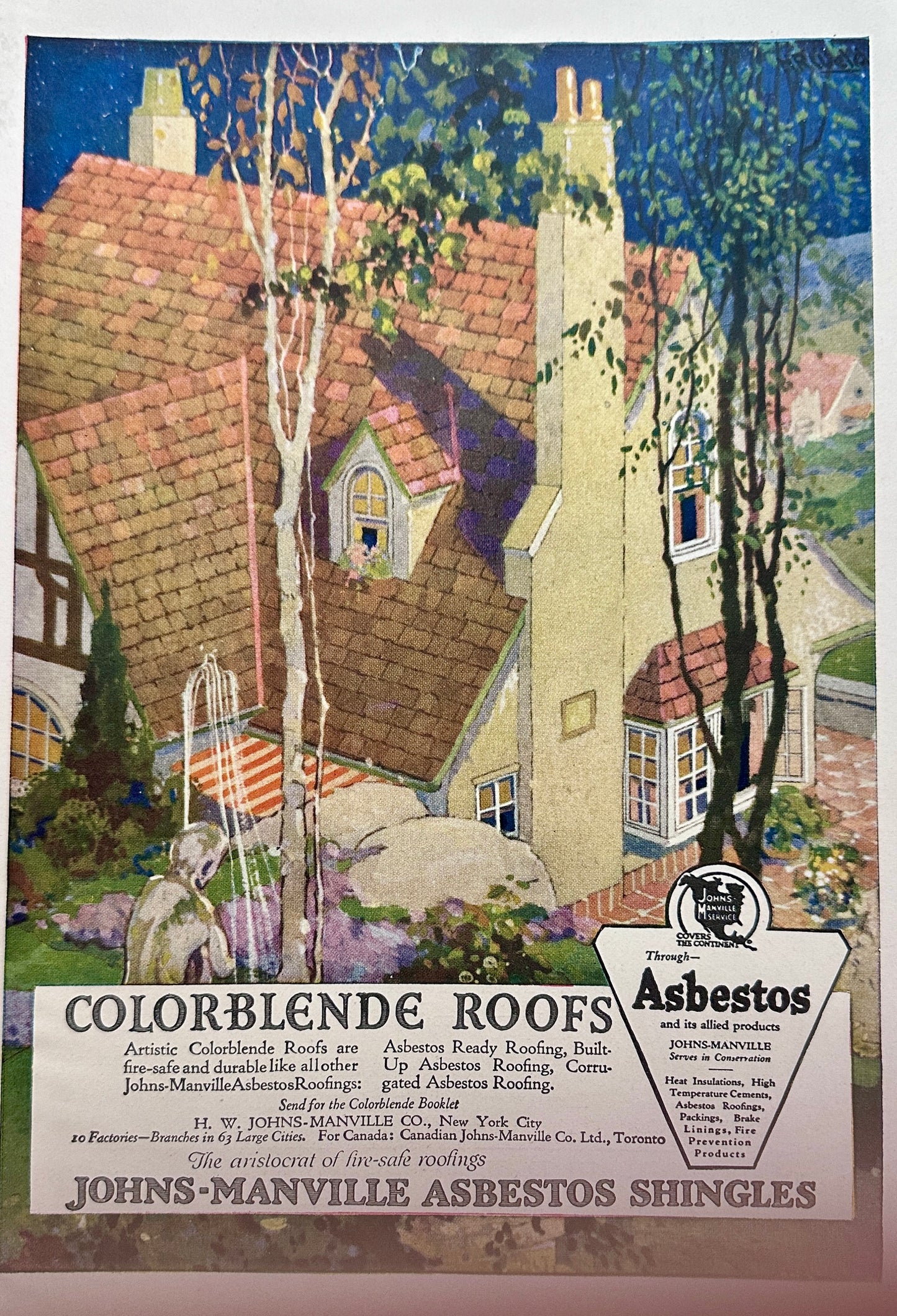 1920 Johns-Manville Asbestos Colorblende Roofs - Masterpiece Ad #N1231