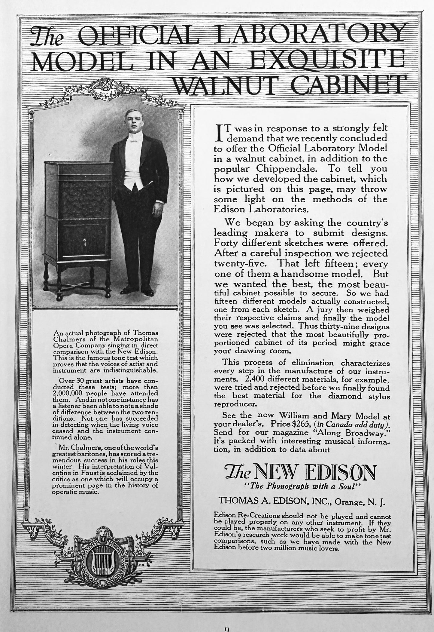 1918 WWI Era Edison Lab Model Phonograph in Walnut Cabinet Ad #N1247