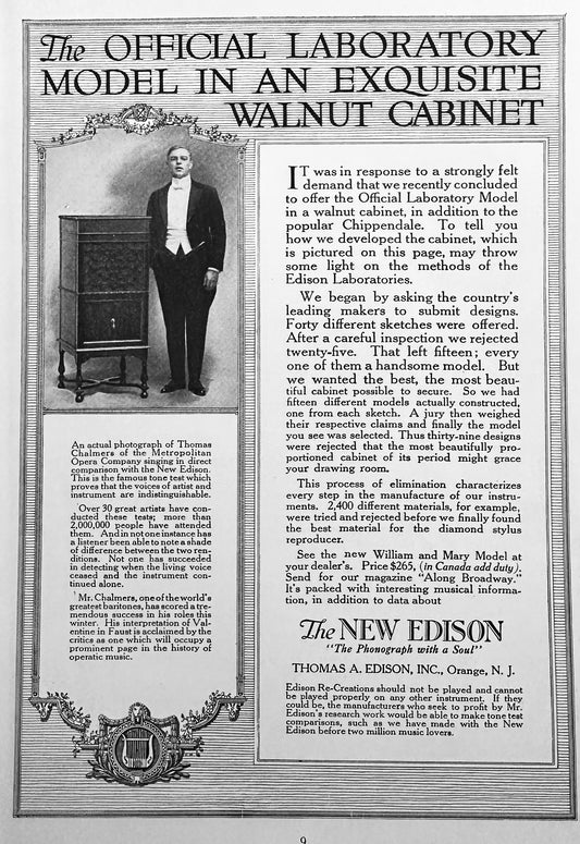 1918 WWI Era Edison Lab Model Phonograph in Walnut Cabinet Ad #N1247
