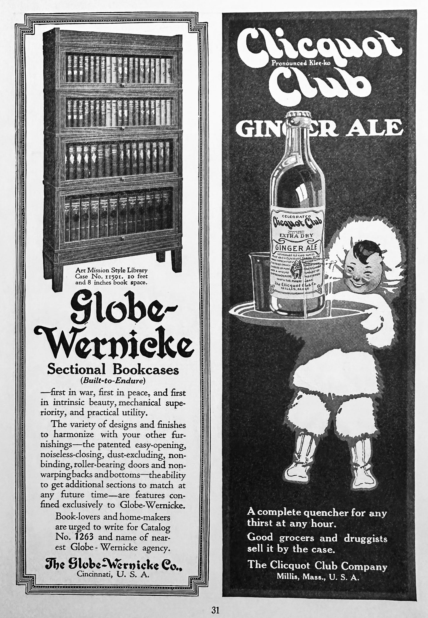 1918 Globe-Wernicke Sectional Bookcase & Clicquot Club Ginger Ale Ad #N1248