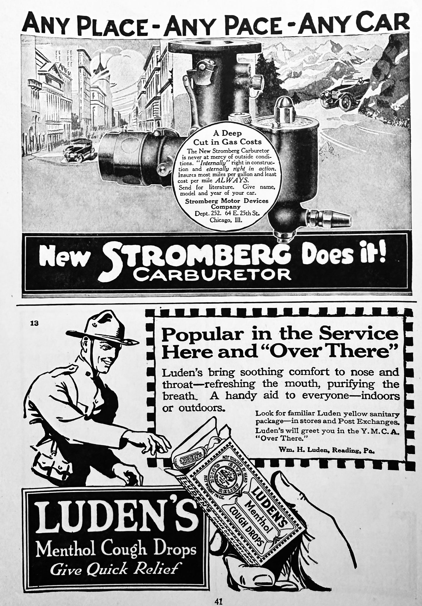 1919 Stromberg Carburetor And Luden's Menthol Cough Drops Ad #N1258