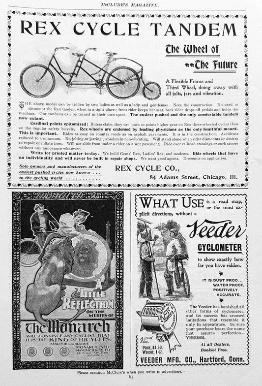 1897 Rex Cycle Tandem, Monarch Bicycle & Veeder Cyclometer Ads #N1325