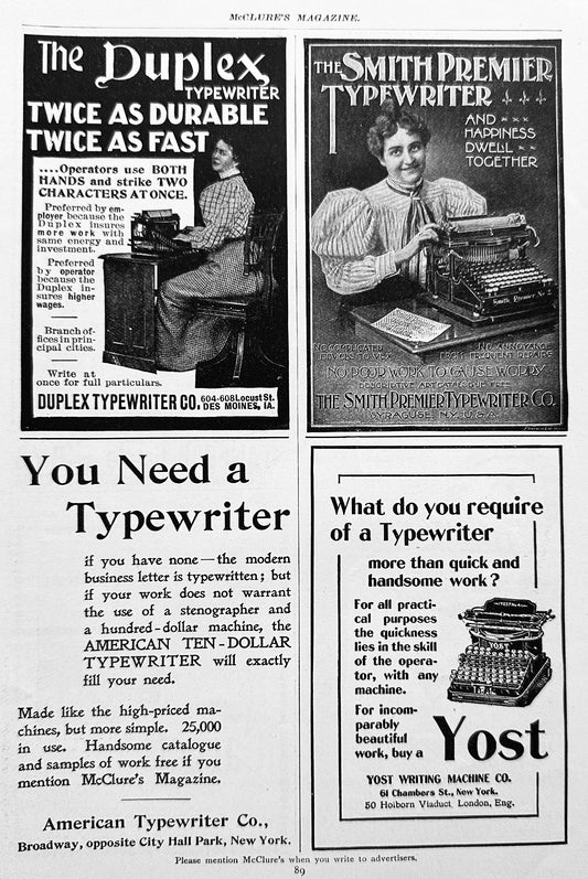 1897 Antique Typewriter Ads Yost, Smith Premier, Duplex and American AD #N1321